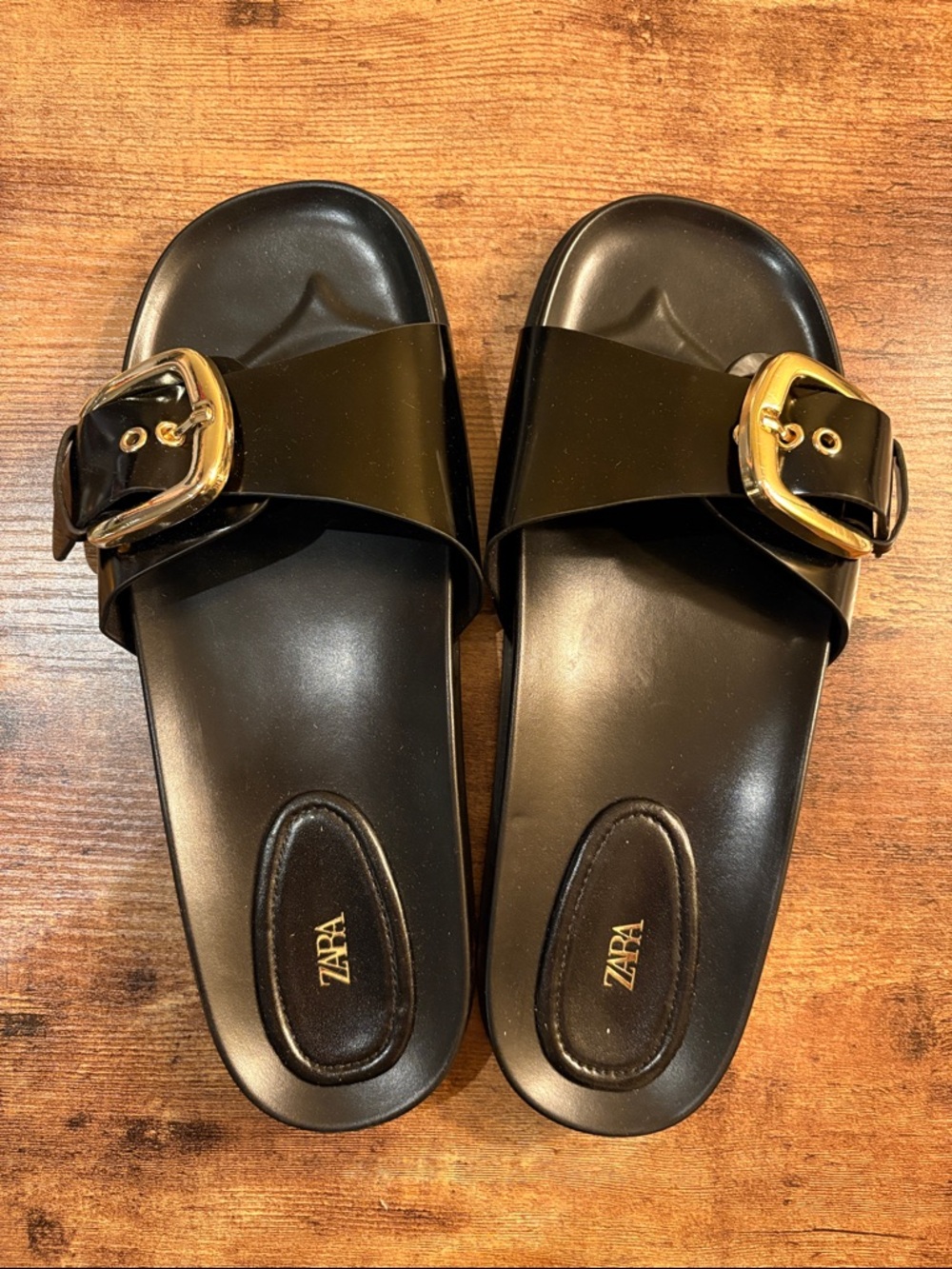 Zara Black Slide Sandals with Gold Buckles